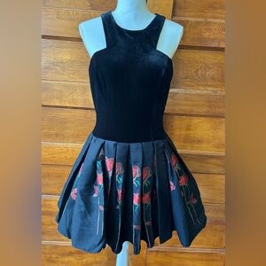 Jovani Black Cocktail Dress with Red Rose Pleated Bottom